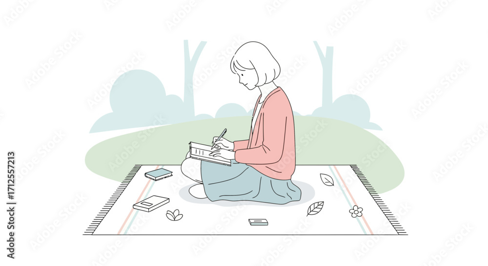 Obraz premium Girl Writing Outdoors: Simple Illustration Depicting Tranquility And Leisure Time