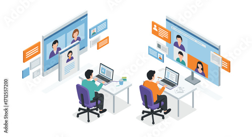 Online collaboration in isometric style: colleagues connecting via video conference