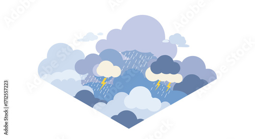 Stylized cloudscape with rain and lightning in pastel colors