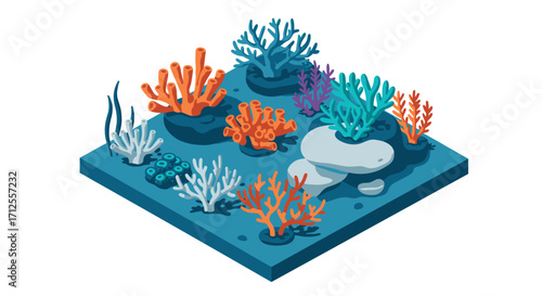 Vibrant isometric underwater coral garden with diverse marine life