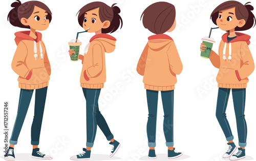 Illustration of a girl in various poses, wearing a hoodie and jeans