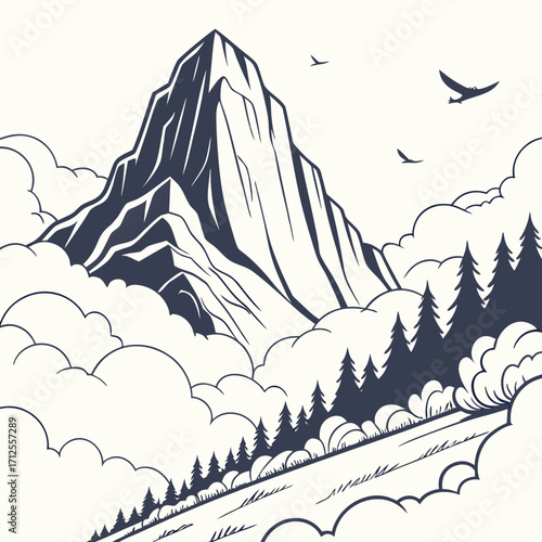 Vector art of a majestic illustration of a mountain peak surrounded by clouds and trees, capturing the beauty and grandeur of nature