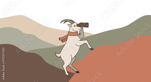 Goat Gazing Through Telescope Amidst Serene Mountains, Adventurous Exploration Ahead