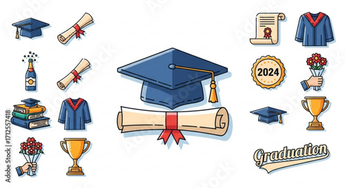 A delightful collection of graduation icons, perfect for celebrating academic achievements and milestones