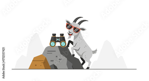 Goat Wearing Sunglasses Climbing Rocky Mountain, Ready to Stare at Something