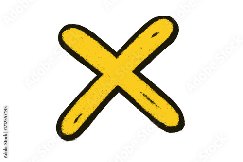 Graffiti spray paint X mark. Hand drawn textured yellow cross symbol. Abstract punk doodle for street art design. Wrong, no, or cancel sign. Vector cartoon illustration.