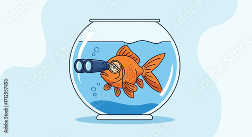 Goldfish Observing Through Binoculars Inside A Fishbowl With Bubbles Illustration