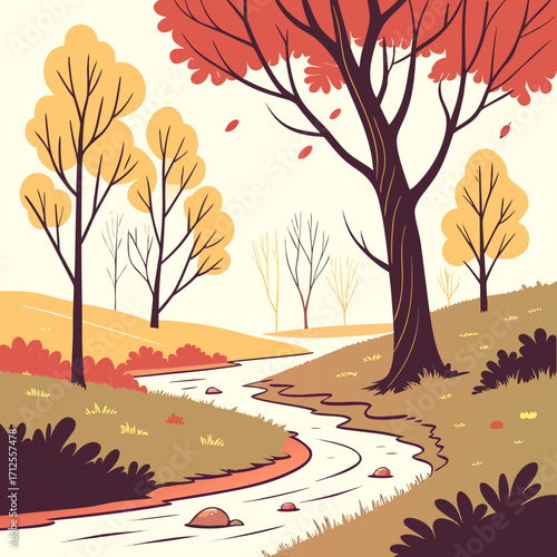 Vector art of vibrant autumn landscape with a winding river and colorful trees a picturesque fall nature scene with flowing water, bright foliage, and a peaceful atmosphere in a vector illustration