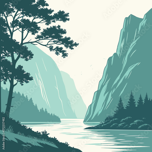 Vector art of a tranquil vector art of a fjord landscape, showcasing towering mountains, a serene river, and lush forests, creating a peaceful and scenic view of natures beauty