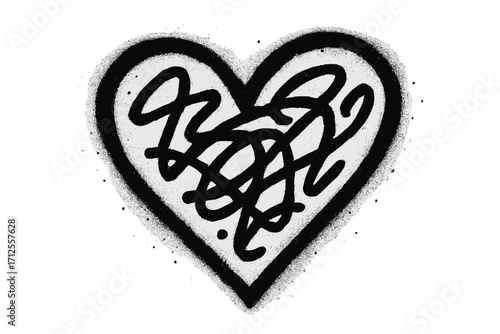 Spray textured graffiti heart. Hand drawn abstract scribble doodle. Creative bold punk shape. Metaphor for complicated love, chaos, messy feelings. Urban street art design.