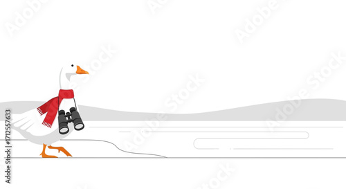 Goose With Binoculars Strolling Along Winter Landscape Searching And Exploring
