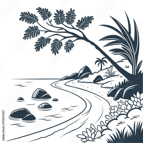 Illustration of a tranquil beach with leaning tree, rocks, and lush vegetation, creating a peaceful coastal view, ideal for travel, nature, and relaxation themes