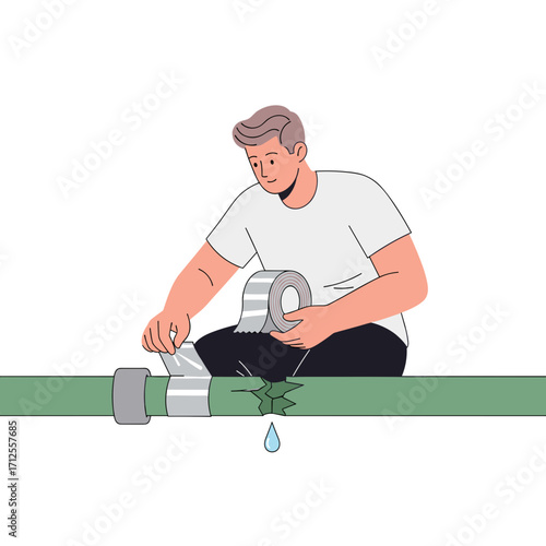 Man fixing broken pipe with tape while sitting on the floor  