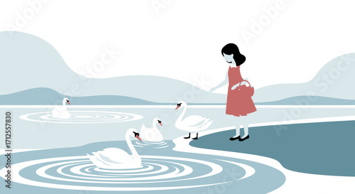 Graceful Lady Interacting Peacefully With Swans Near a Tranquil Lakeside Scene
