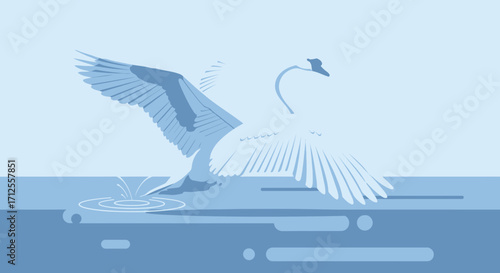 Graceful Swan Takes Flight Above Textured Water Surface In Minimalist Style.