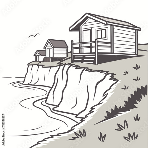 Vector art of a picturesque scene unfolds with charming beach huts perched atop a rugged cliff, overlooking the tranquil sea, evoking a sense of coastal serenity and idyllic seaside living