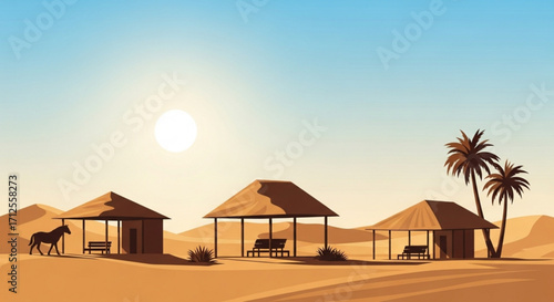 A serene desert landscape with traditional huts, palm trees, and a horse under a bright sun, creating a peaceful and idyllic scene of desert life