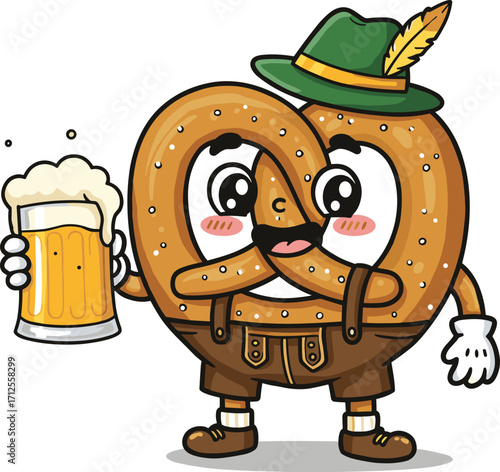 Cute Oktoberfest pretzel mascot holding beer mug, traditional Bavarian costume, cartoon character, festive German celebration, perfect for holiday design
