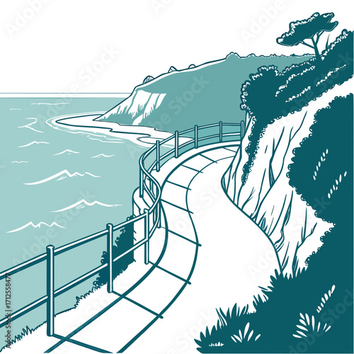 Vector art of winding coastal road illustration with a scenic view of the sea and cliffs, featuring a protective railing, lush vegetation, and a tranquil atmosphere, perfect for travel posters