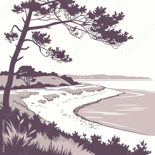 Vector art of a serene vector illustration of a coastal landscape featuring a sandy beach, a tranquil sea, and a solitary tree, capturing the essence of a peaceful seaside scene with natural beauty