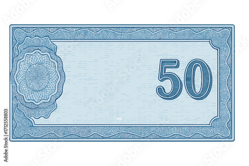 Voucher template banknote with 50 value. Guilloche pattern security background and border. Blue money design for gift voucher, coupon, currency, diploma, or certificate.