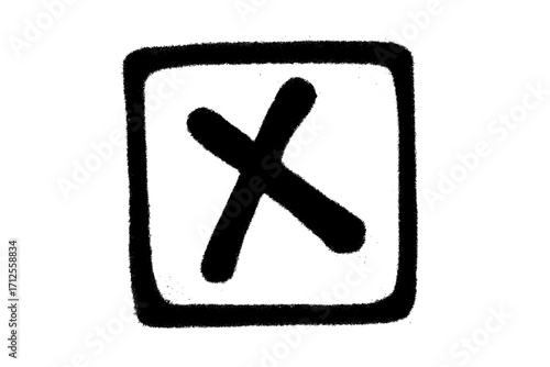 Graffiti checkbox with a cross mark. Sprayed x symbol. Concept of rejection, wrong choice, failed test, error, and denial. No vote icon. Hand-drawn stencil doodle art.
