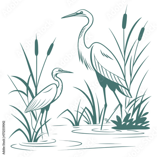 Vector art of graceful monochrome vector illustration of two herons standing in water surrounded by reeds and cattails, creating a peaceful and natural scene