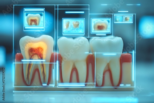 High-Tech Dental Treatment Concepts with Tooth Models and Digital Displays for Medical Illustration