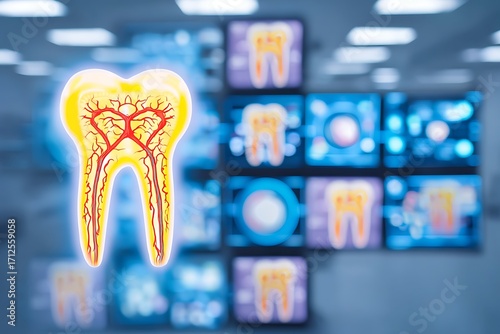 Digital illustration of tooth anatomy with nerves and blood vessels in front of medical monitoring screens in clinic