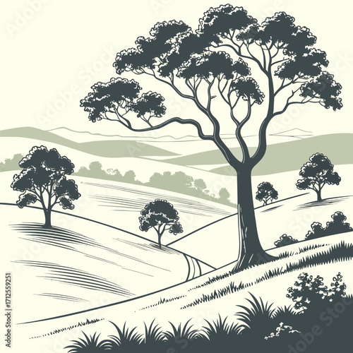 Vector art of idyllic rural landscape with rolling hills, trees, and a winding path, creating a serene and picturesque scene, evoking a sense of tranquility and natural beauty