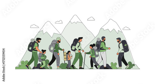 Group Of Hikers Ascending Mountains Depicted In Modern Vector Illustration Style