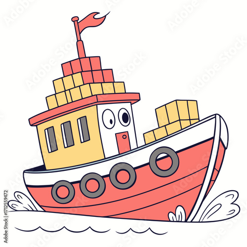 Vector art of a whimsical cartoon illustration of a charming tugboat, merrily sailing on gentle waves, its vibrant colors and playful design evoking a sense of joy and adventure