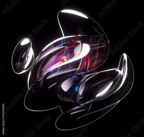 3d surreal mystic alien ball or sphere sculpture in curved wavy organic lines forms in a deformation process in translucent liquid glass material with rainbow laser round stripes inside on black