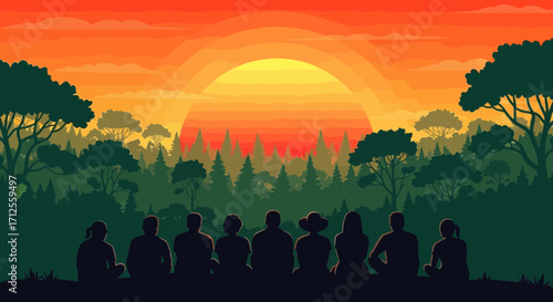 Group Of Humans Witnessing The Sunset In A Scenic Forest Environment, Silhouette Style