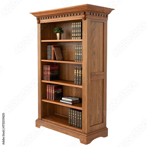 Wooden bookcase with books and a plant isolated on transparent background