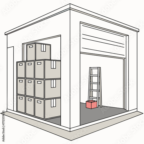 Illustration of a storage unit with boxes and a ladder inside, the unit has a rollup door and a regular door, providing ample space for storing items