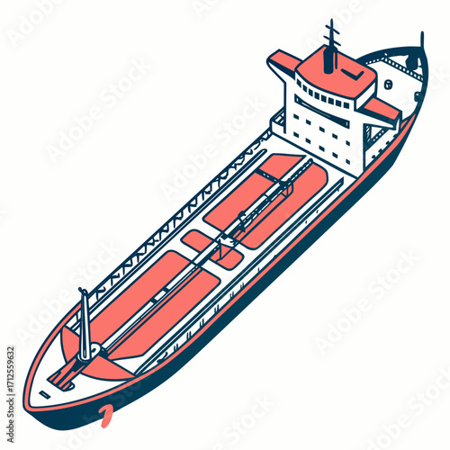 Illustration of a cargo ship, the vessel is designed for transporting goods across the ocean, with a spacious deck and a sturdy hull