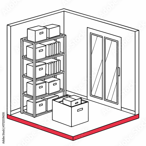 Vector art of storage room with boxes on shelves and floor, showing organization and space management vector illustration of a tidy storage area