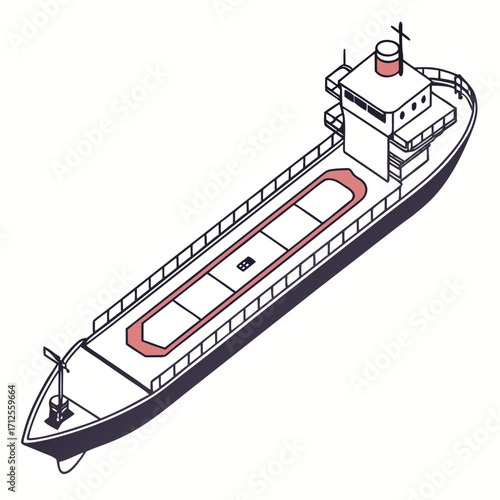 Illustration of a cargo ship, the vessel is designed for transporting goods across the ocean, with a spacious deck and a sturdy hull