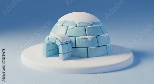 A charming 3d render of a blue igloo with snow on top, set on a white platform against a gradient blue background, creating a whimsical winter scene