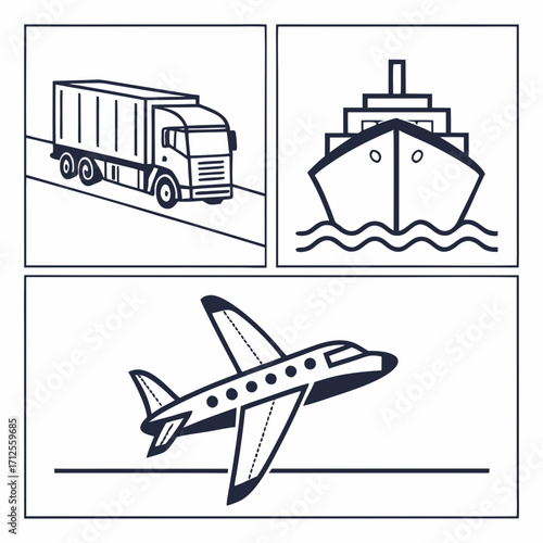 Vector art of illustrations of truck, ship, and airplane, showcasing transportation modes for logistics, shipping, and travel industries
