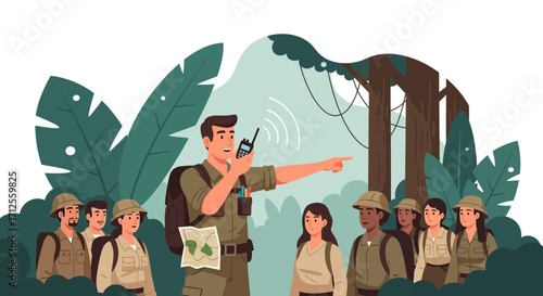Group Of People In The Jungle Following A Guide With Portable Radio Communication