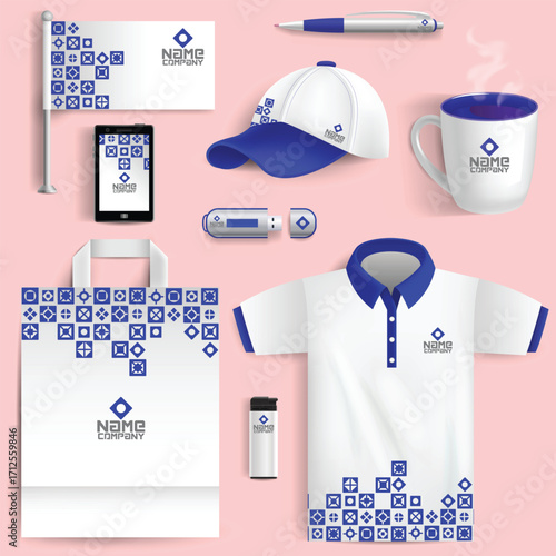 Blue and pink soft color-themed branded office stationery set with polo shirt, cap, and business card.