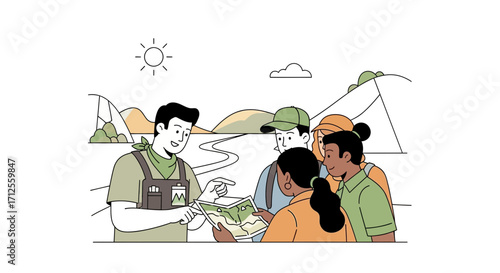 Group Of People Looking at a Map Exploring a Scenic Route During a Sunny Day