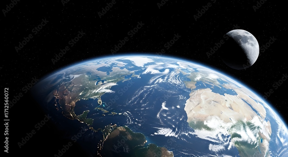 Obraz premium Planet Earth and Moon Seen from Outer Space