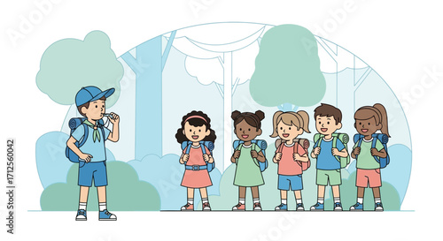 Group Of Young Campers Ready For Adventure Leading With A Scout In The Forest