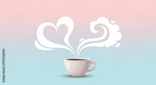 A cup of coffee with steam forming a heart shape on a pastel background, , symbolizing love, warmth, and comfort