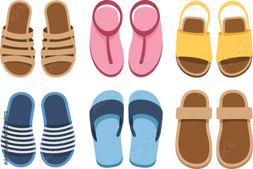 Collection of colorful open toe sandals and flip flops for summer wear