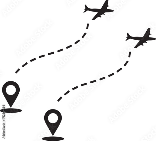 Airplane flight route with start and end destination points. Aircraft tracking on map with location pins. Travel journey, air trip concept