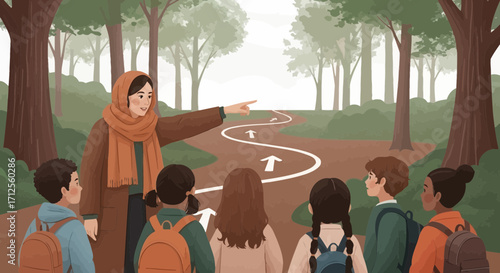 Guiding Students Down A Forest Trail, Illustrating Education, Direction And Knowledge